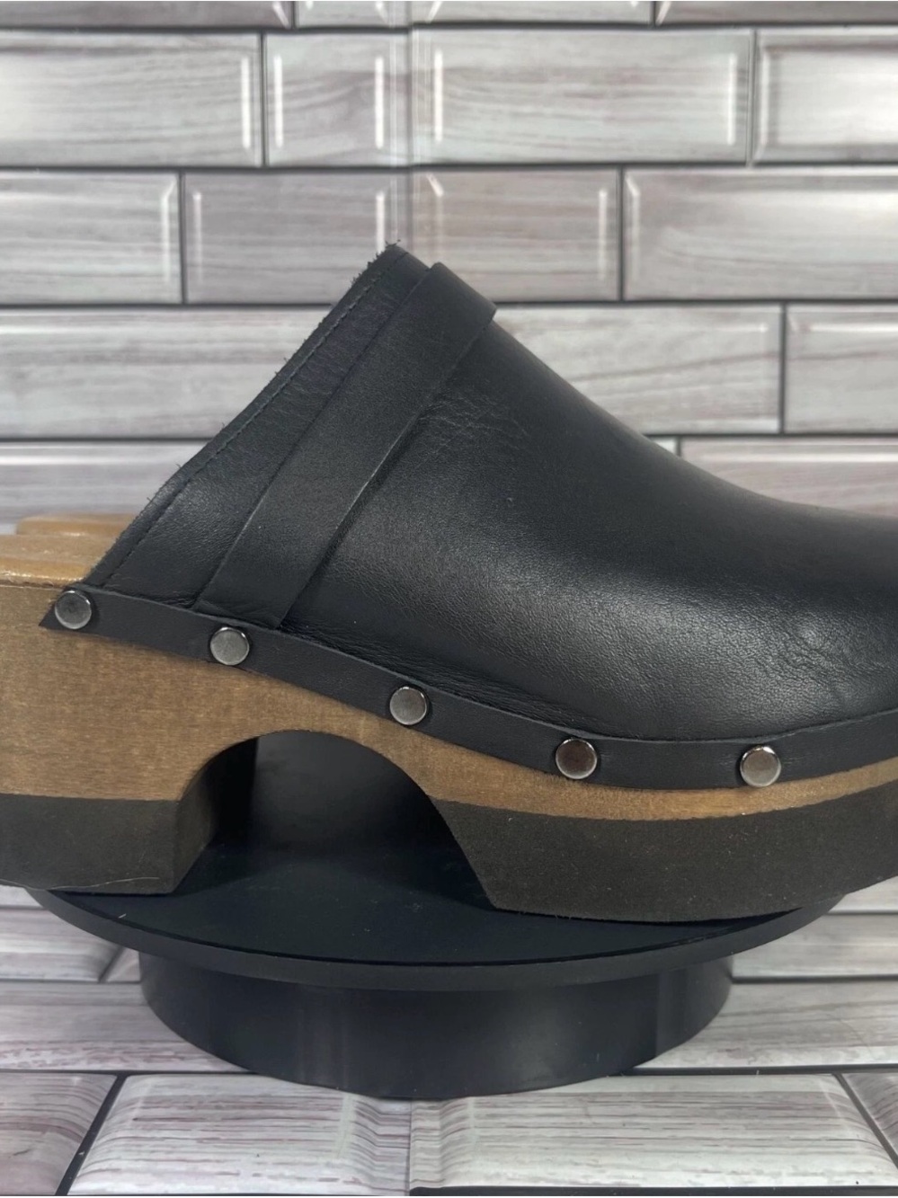 Andre Assous Black Leather Studded Platform Clog